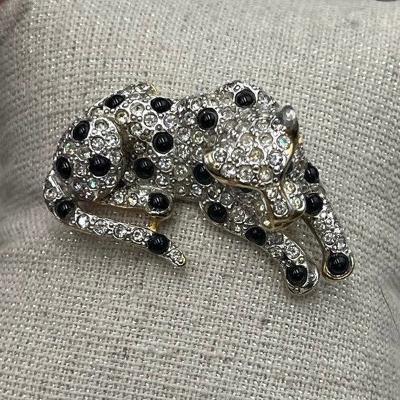 Panther Silver Gold Tone Rhinestones Black Cabochons Green Eye Brooch - Picture 1 of 16